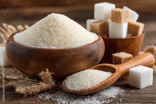 White granulated sugar in a wooden bowl, alongside brown sugar cubes