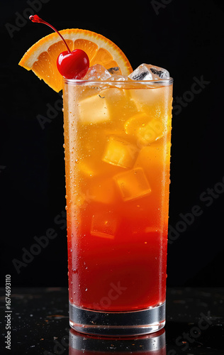 Tequila Sunrise cocktail with Orange Slice and Cherry