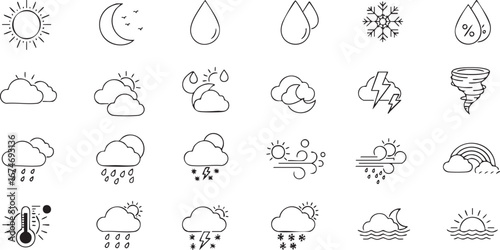 Weather Icon Set Representing Various Meteorological Conditions with Clear and Simple Line Art Style for UI Design and Educational Purposes Including Sun Moon Rain Snow Thunder and Wind
