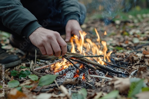 Hiker adding wood to campfire in forest during autumn