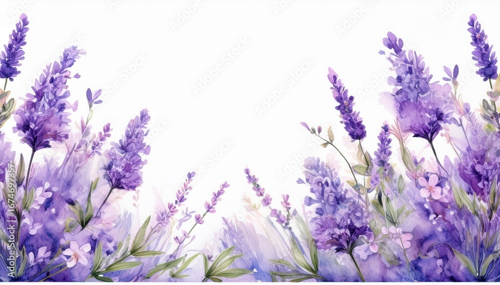 Fototapeta premium border of tender watercolor lavender flowers border on white background ai generated
