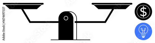 Balance scale with money on one side and lightbulb symbolizing ideas on the other. Ideal for business, finance, innovation, decision-making, cost-benefit analysis, value, simple landing page