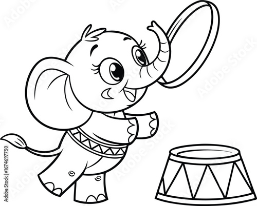Adorable Cartoon Elephant Ready to Jump Through a Circus Hoop Black and White Outline Vector Illustration for Childrens Coloring Pages and Books
