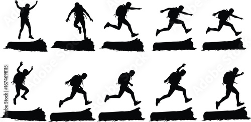 Backpacker silhouette jumping over log, hiking action sequence, outdoor adventure, obstacle leap, trekking motion, sports movement, wilderness, travel, exploration