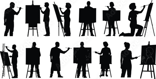 Artist painting silhouette illustration set, easel art, creative work, painter at canvas, fine arts, studio, hobby, design, drawing