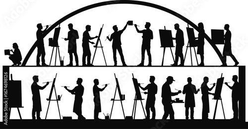 Artist painting silhouette illustration set, group art, easel, creative work, painter at canvas, fine arts, studio, hobby, collaboration, design