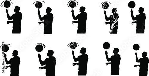 Basketball silhouette illustration set, spinning ball on finger, sports trick, athlete skill, street basketball, motion, stunt, game, performance, action