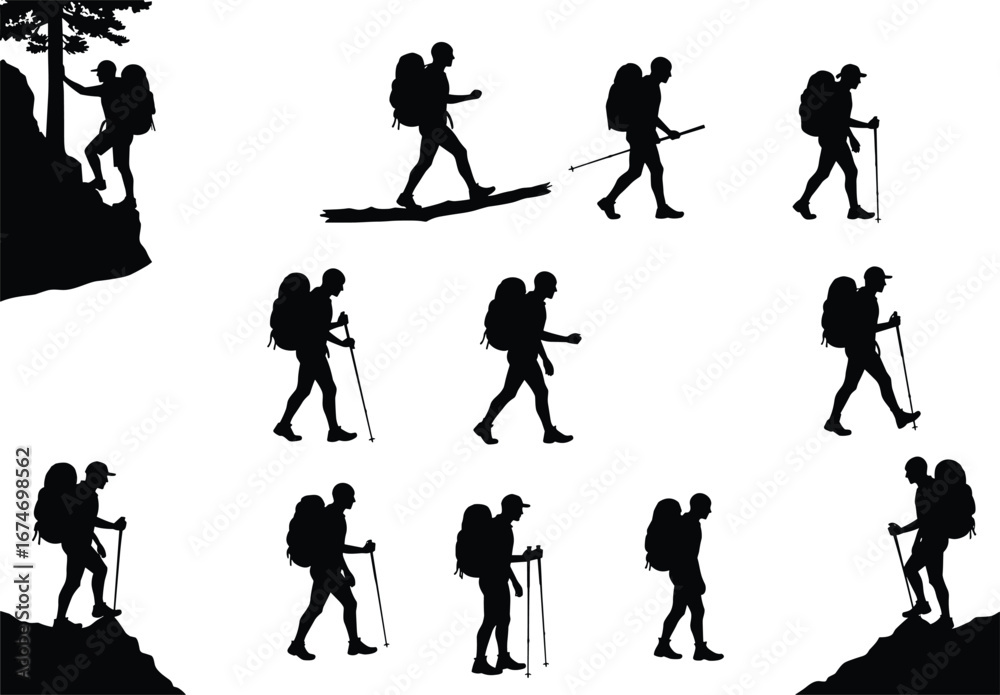 Obraz premium Hiking silhouette collection, trekking poses, mountain climbing, outdoor adventure, backpack traveler, nature exploration, walking sticks, wilderness journey, sports activity, scenic landscape