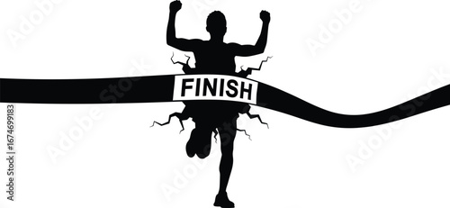 Runner silhouette crossing finish line, race victory, marathon, sprint, athlete celebration, sports competition, winning moment, success, motion, achievement, triumph