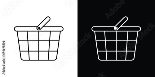 Shopping basket icon. Minimalistic sign drawn with black and white lines
