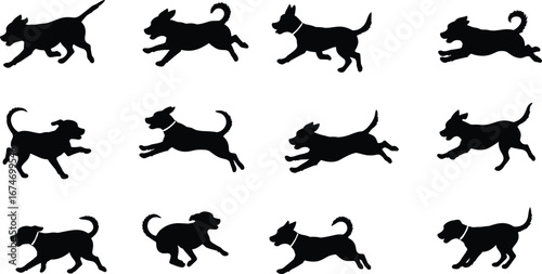 Silhouette dogs in running and leaping poses, pet animal motion illustration for wildlife, domestic animals, agility, and design projects
