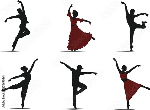 Silhouette dancers in dynamic poses, flamenco and traditional dance styles, expressive movement, cultural performance illustration, artistic choreography for design projects