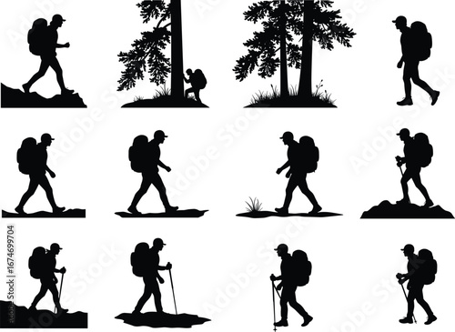 Silhouette hikers with backpacks in various poses, walking climbing trekking, outdoor adventure, travel, exploration, nature, wilderness, forest, hiking activity