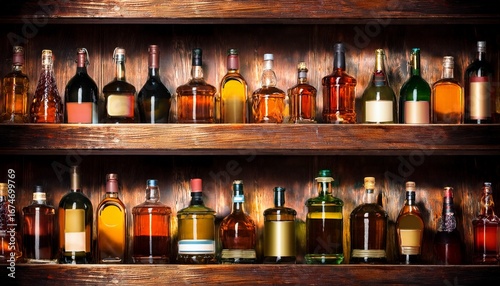bottles sitting on shelf in a bar