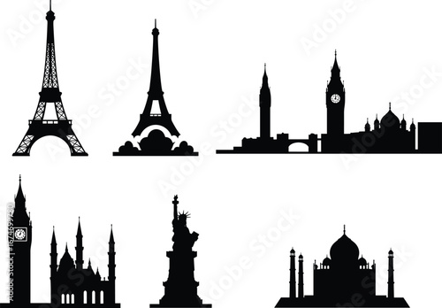 Silhouette landmarks of Eiffel Tower, Big Ben, Statue of Liberty, Taj Mahal, Saint Basil’s Cathedral, world famous architecture icons illustration