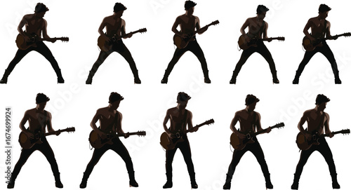 Silhouette shirtless electric guitar player poses, rock musician performance, dynamic stage movement, live concert energy, artistic music illustration, expressive body language