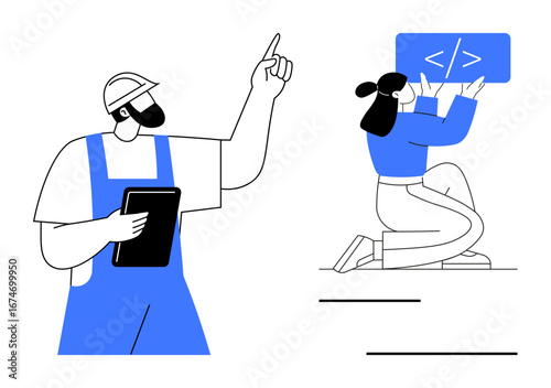Worker holding tablet and gesturing to coder kneeling with coding interface. Ideal for teamwork, tech, collaboration, construction, coding, innovation, and project planning. Perfect for simple