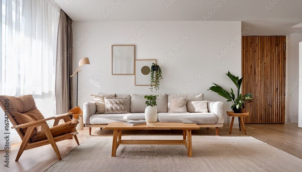 Fototapeta premium modern minimalist living room with wooden furniture and white walls perfect for interior design and home decor projects