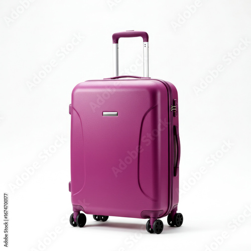 Purple travel suitcase isolated on white background