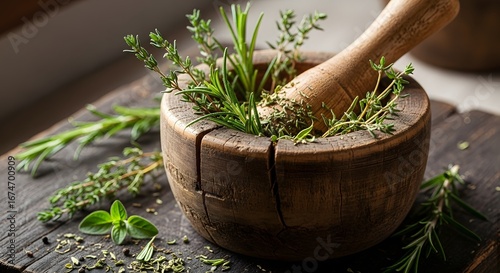 Wooden mortar and pestle filled with fresh aromatic herbs and spices on a rustic wooden surface