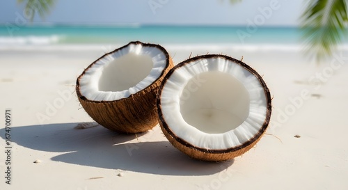 Freshly cracked coconut halves resting on a sandy tropical beach with ocean waves in the background