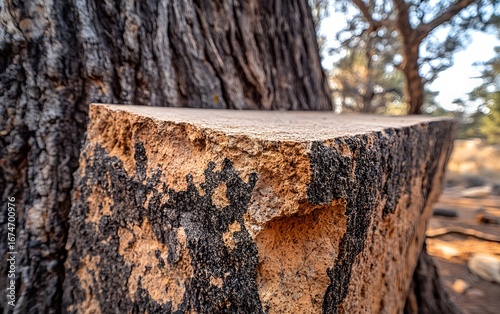 Closeup View of Rugged Stone Surface beside Tree Trunk in Nature
