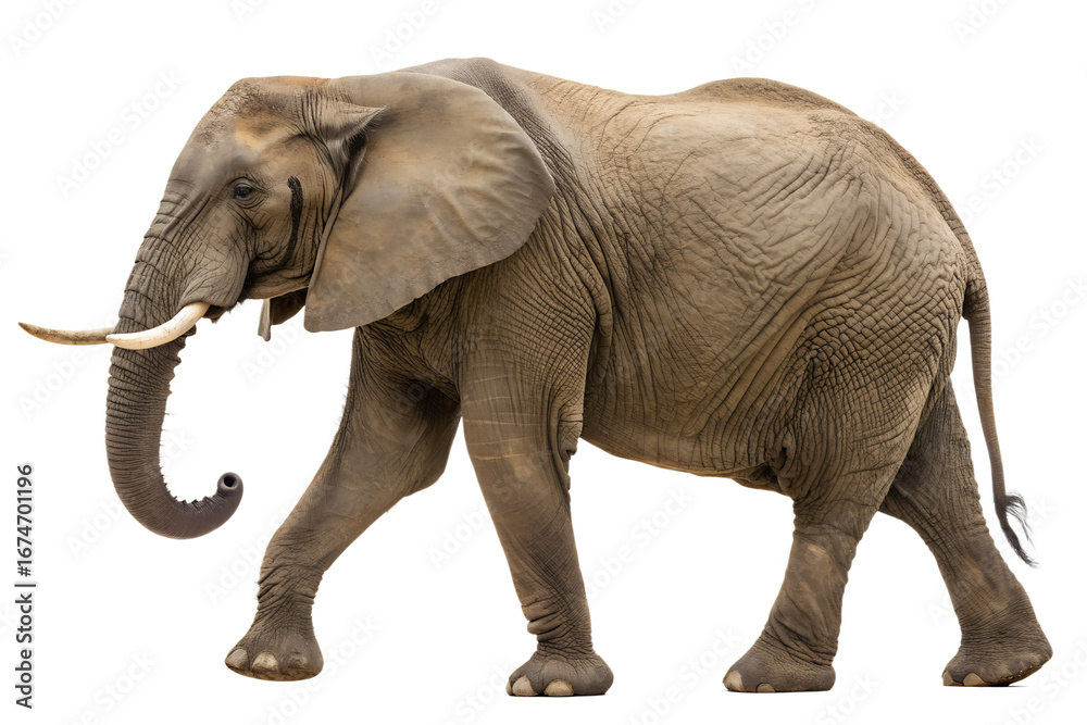 Fototapeta premium Majestic African elephant with impressive tusks captured in a full-length side profile while walking, isolated on a clean white studio background for wildlife concepts