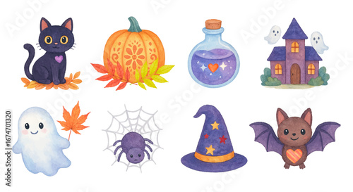 Cute halloween watercolor set, color spooky fall collection for the scary holiday, traced vector