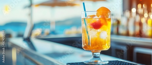 Refreshing Summer Cocktail at Beach Bar, Iced Drink with Fruit Garnish