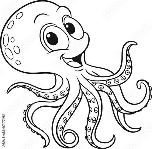 Cheerful Octopus Cartoon Character Line Art for Childrens Coloring Books and Educational Resources Undersea Animal Illustration with Playful Expression
