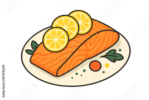 Salmon fillet topped with lemon slices on a white plate baked salmon with lemon