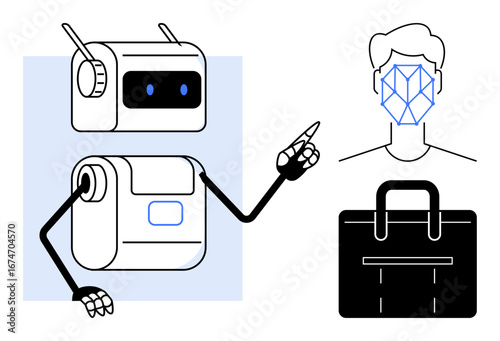 Robot pointing at human face with geometric recognition pattern, adjacent to a briefcase. Ideal for artificial intelligence, biometrics, security, business workflow, technology integration