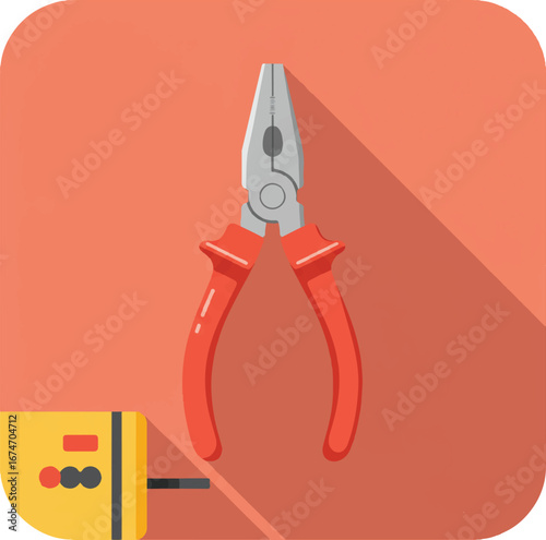 Pair of pliers and tester against orange background. Suitable for construction, electrical work, repair tool concepts, diy projects, home improvement.