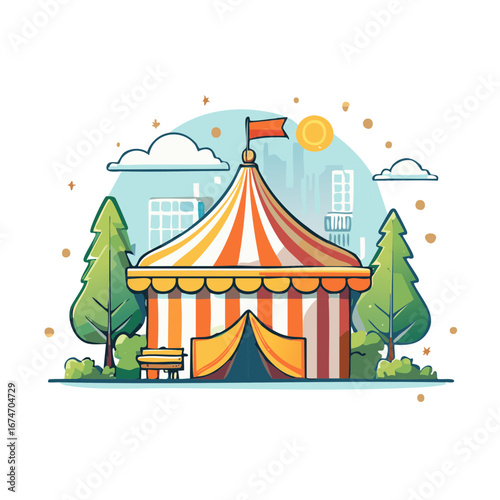 Striped circus big top tent in an urban park with a city skyline cartoon vector illustration
