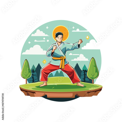 Martial artist in traditional uniform performs karate stance outdoors with sun and trees