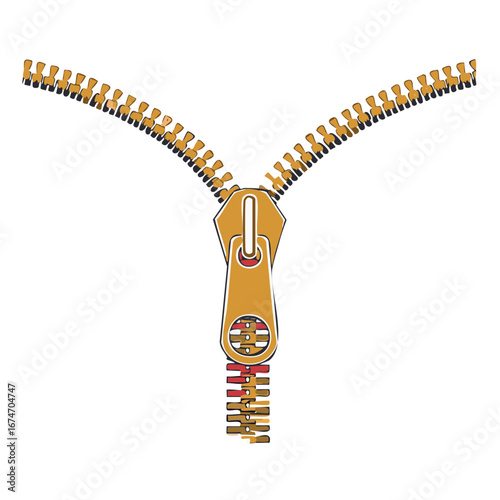 Open zipper with metal teeth and a tan slider, isolated on white
