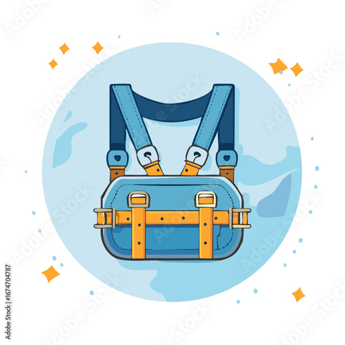 Blue Leather Chest Pack with Yellow Straps and Accents, Flat Cartoon Style
