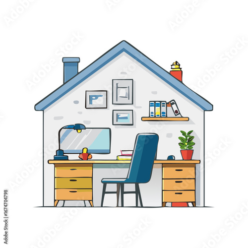 House Shaped Workspace with Desk, Computer, and Chair, Creating a Home Office Environment, Interior Design Concept