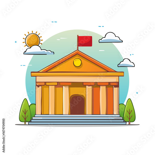 Public Building With Columns and Red Flag Under Sunny Sky