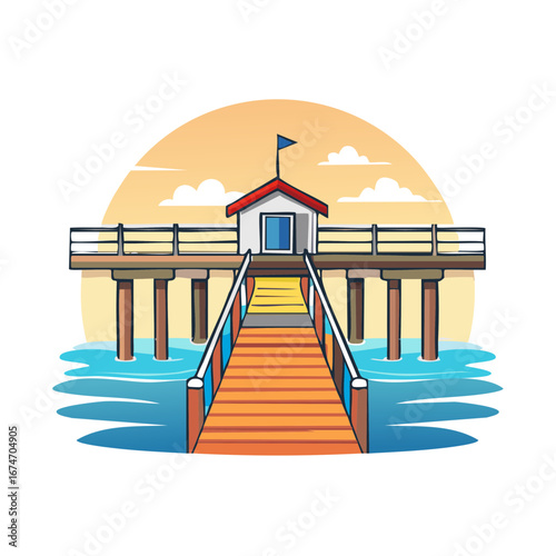 Colorful illustration of a seaside pier with a small building and a ramp leading to it
