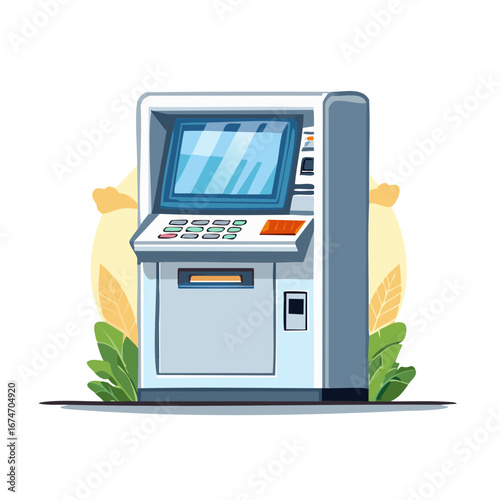 Modern ATM machine with digital screen and keypad in a stylized outdoor setting