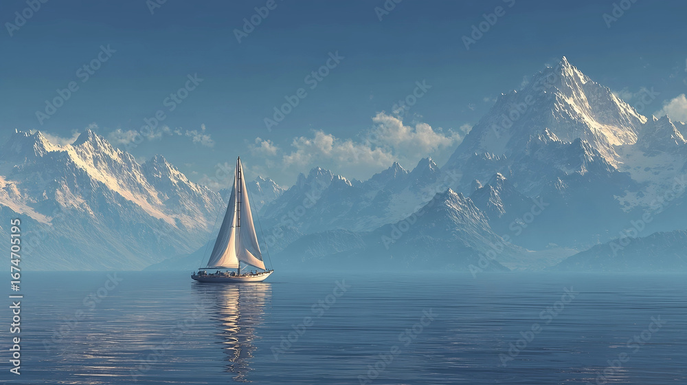 Naklejka premium Sailboat Adventure Amidst Snowy Mountains: A solo sailboat glides serenely across a tranquil expanse of water, embraced by the majesty of towering snow-capped mountains.