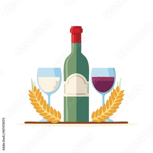 Elegant Wine Bottle Two Glasses Red and White Beverage with Golden Wheat Harvest Design