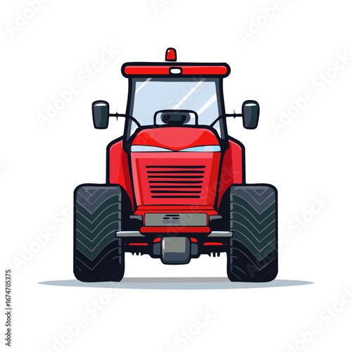 Red tractor illustration, front view, isolated on white
