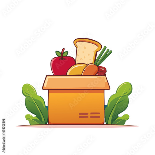 Cardboard Box Filled with Fresh Fruits Vegetables and Bread Cartoon Illustration