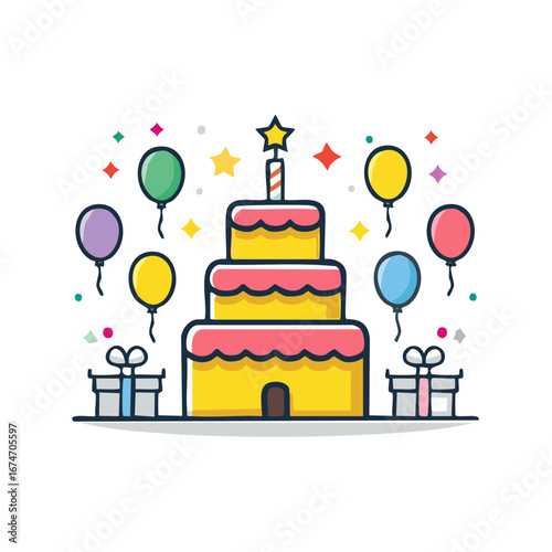 Colorful birthday party illustration features cake, balloons, gifts, star, and candle, creating festive decorations with fun celebrations.