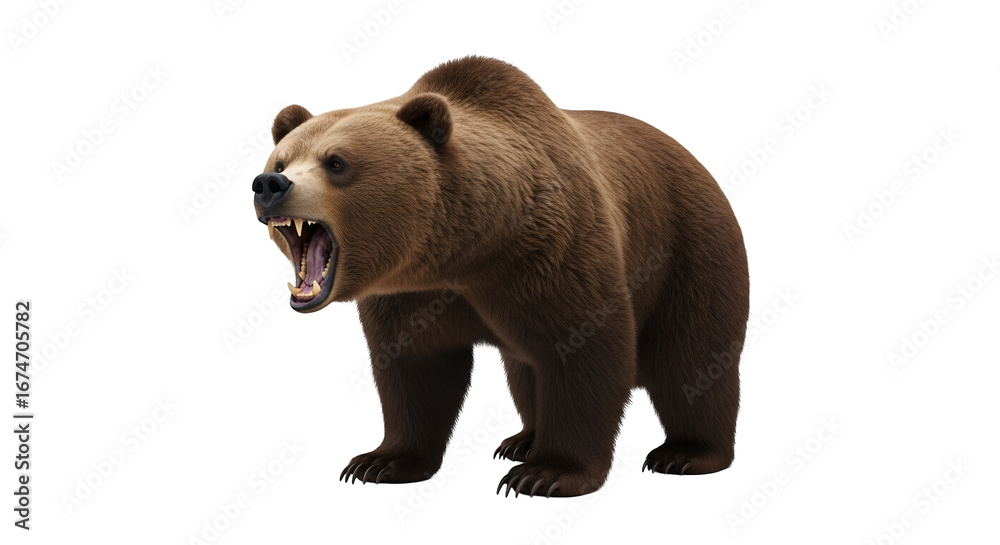 Fototapeta premium Brown bear roaring aggressive animal wildlife predator dangerous mammal angry grizzly bear isolated image on transparent background