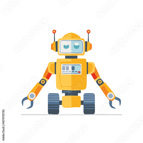 Friendly yellow robot character illustration with wheels and articulated arms. Modern technology and automation concept.