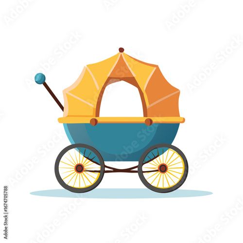 Charming Teal and Yellow Baby Carriage Cartoon Illustration with a Quaint Hooded Design