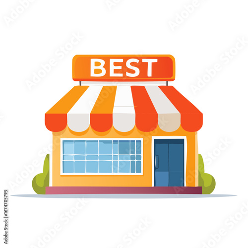 Cute Best Store Illustration with Awning and Window Display, Isolated Shop Facade